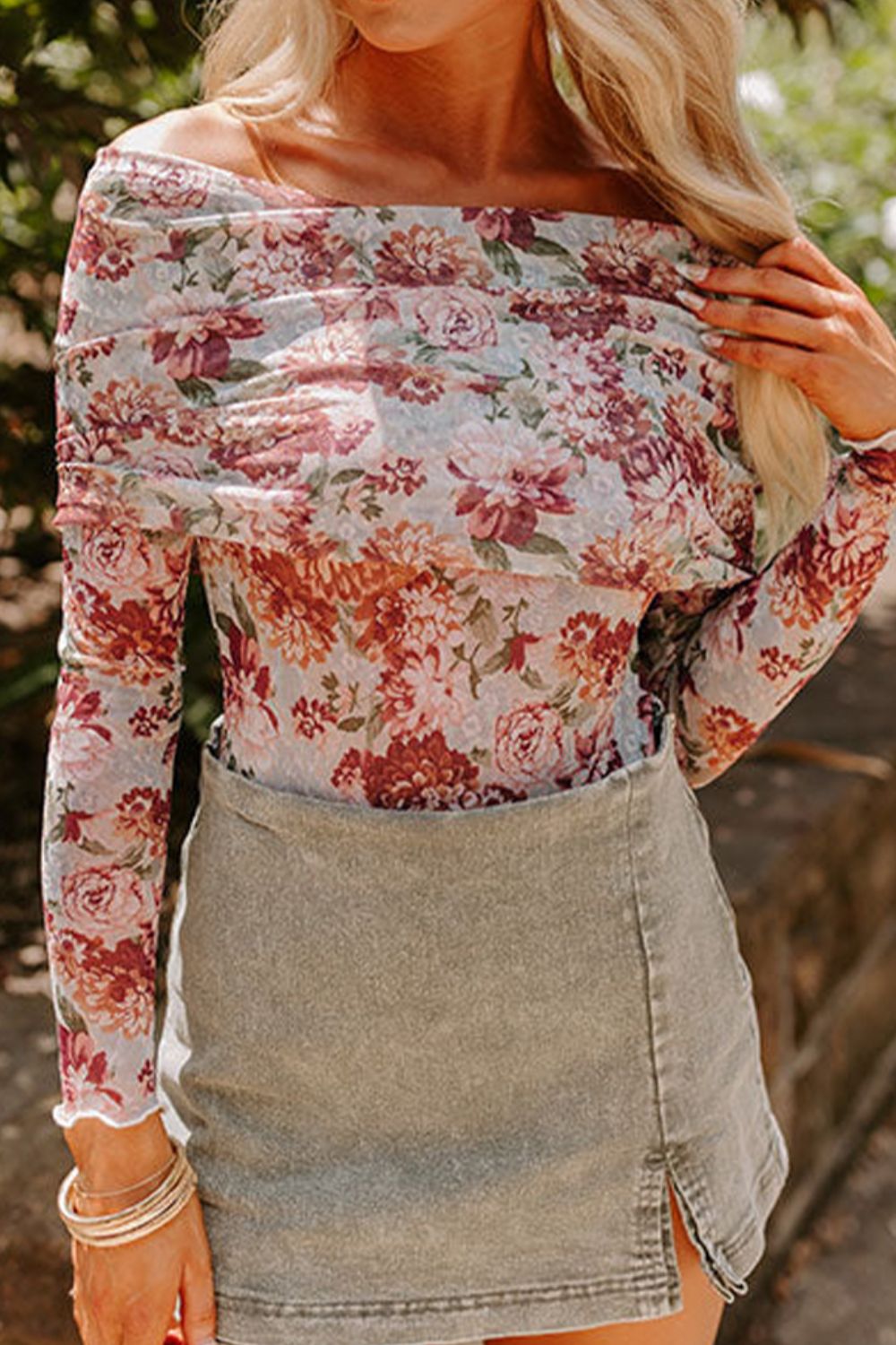 Women's Floral Off-Shoulder Long Sleeve Bodysuit
