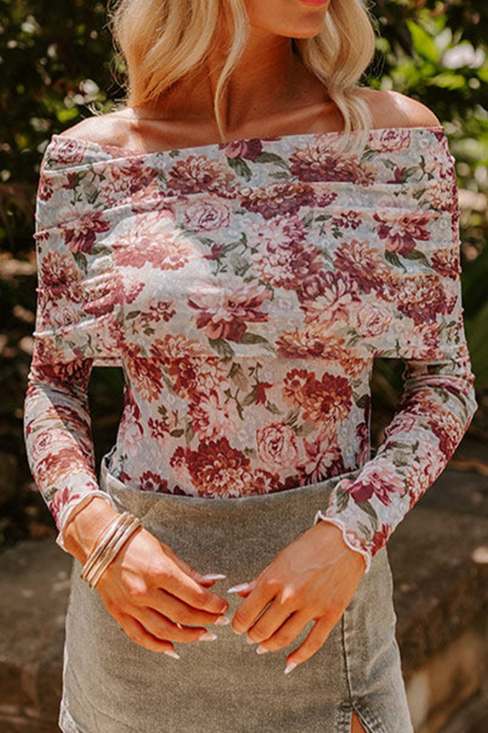 Women's Floral Off-Shoulder Long Sleeve Bodysuit