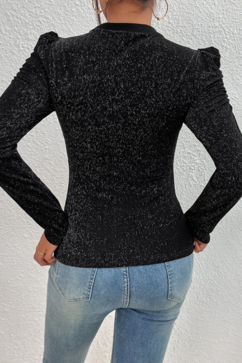 Women’s Metallic Round Neck Puff Sleeve Top