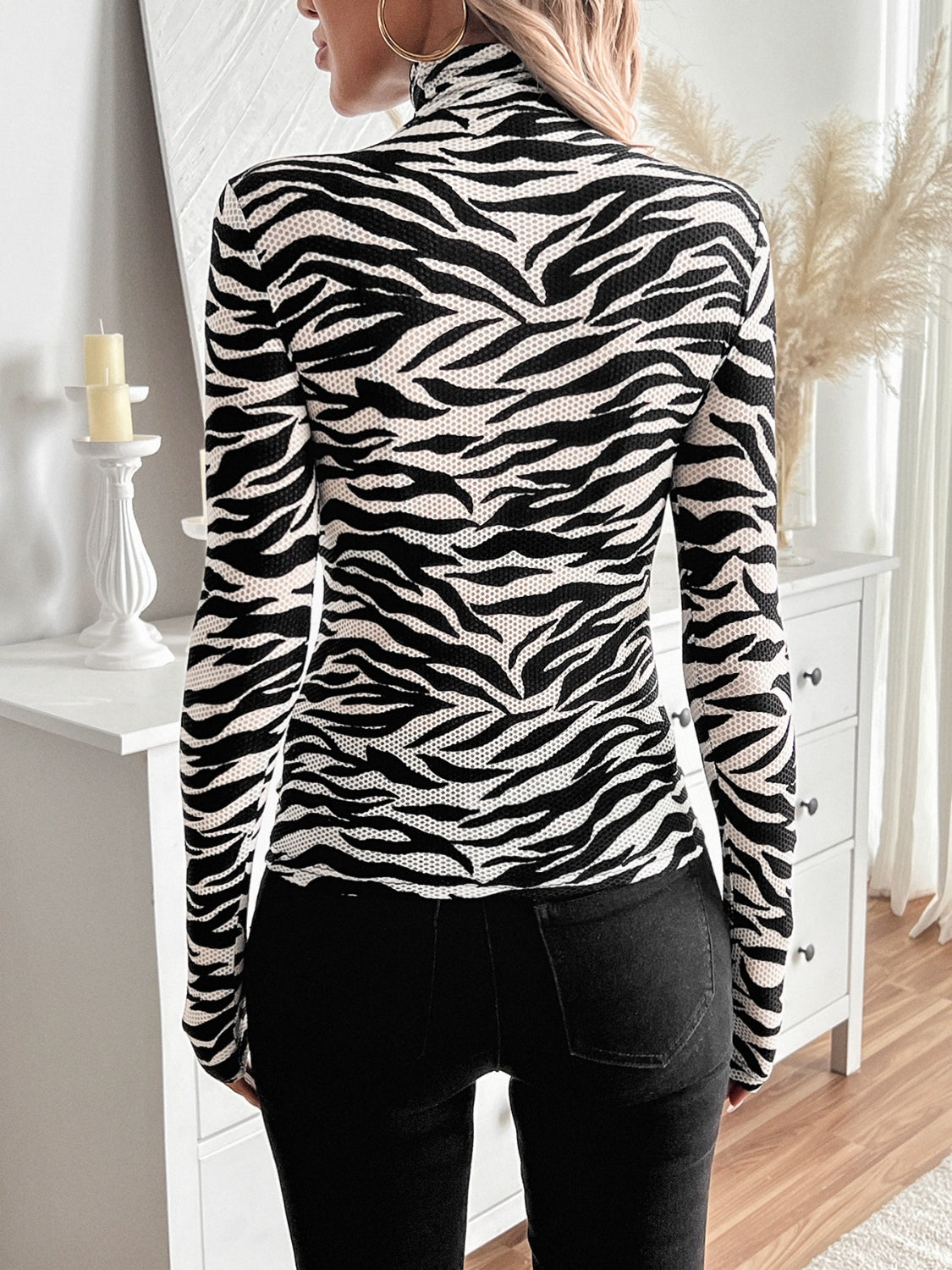 Woman's Zebra Print Turtleneck Long Sleeve Top
