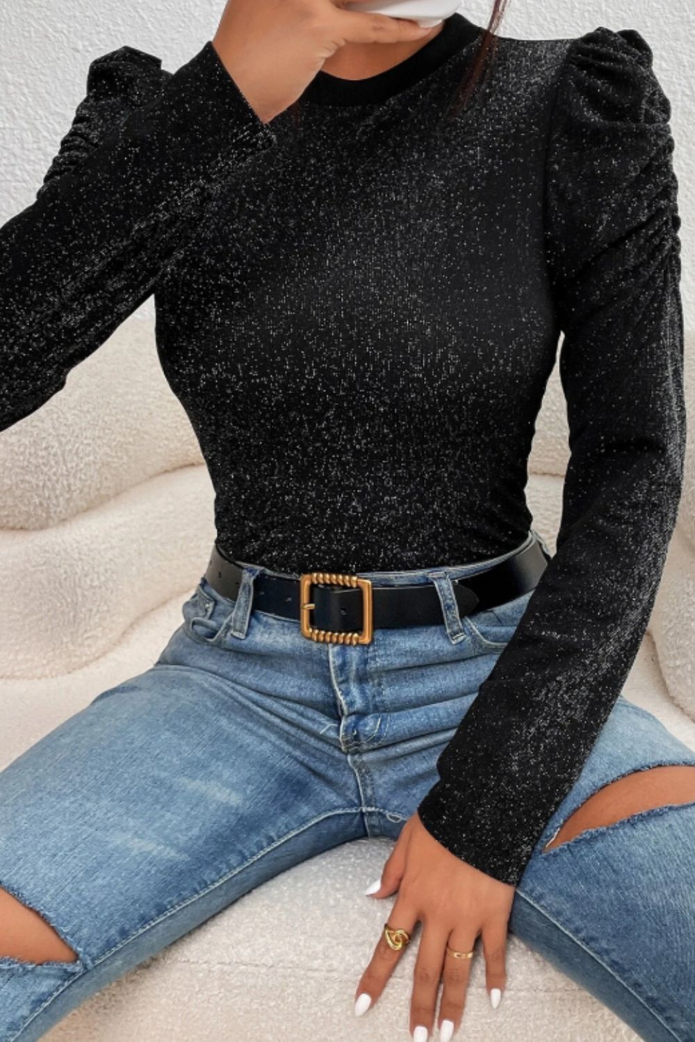 Women’s Metallic Round Neck Puff Sleeve Top