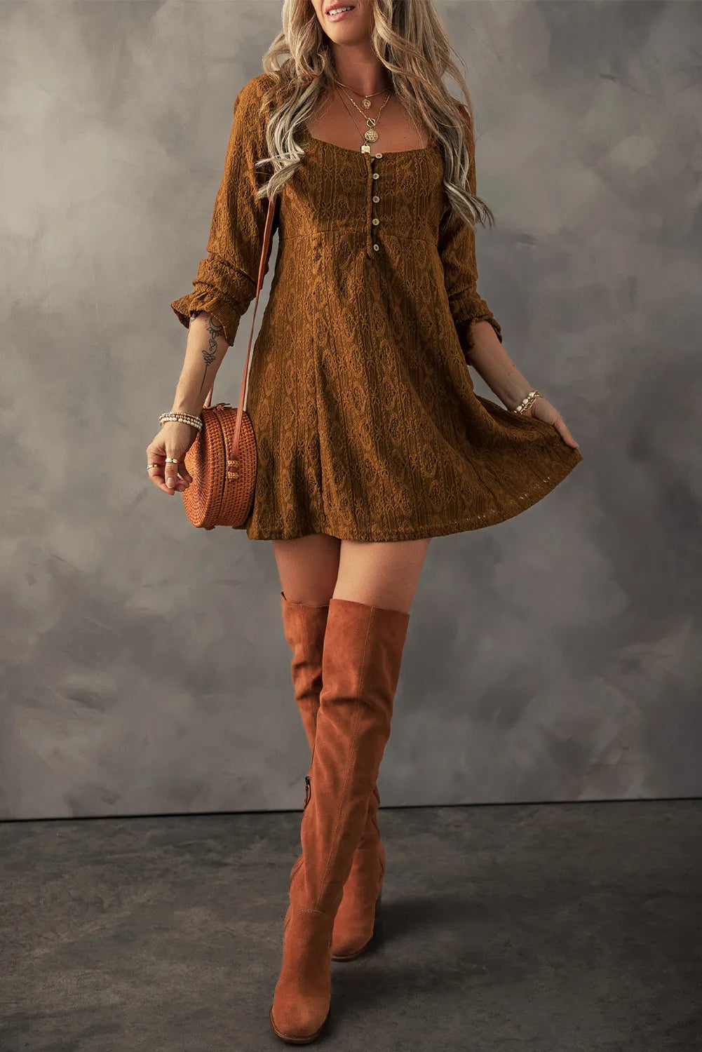 Vintage Textured Square Neck Mini Dress