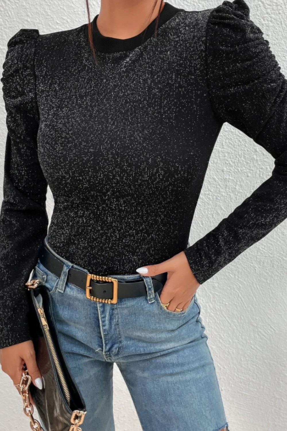 Women’s Metallic Round Neck Puff Sleeve Top
