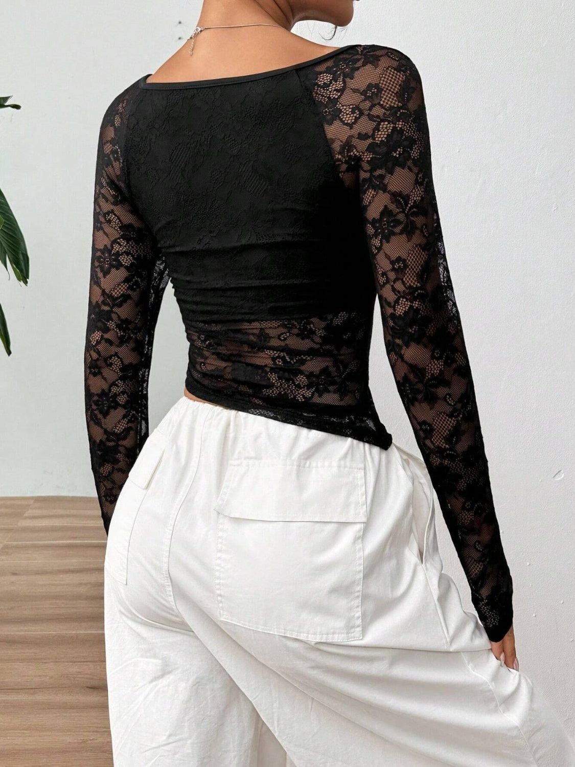 Women's Square Neck Long Sleeve Lace Top