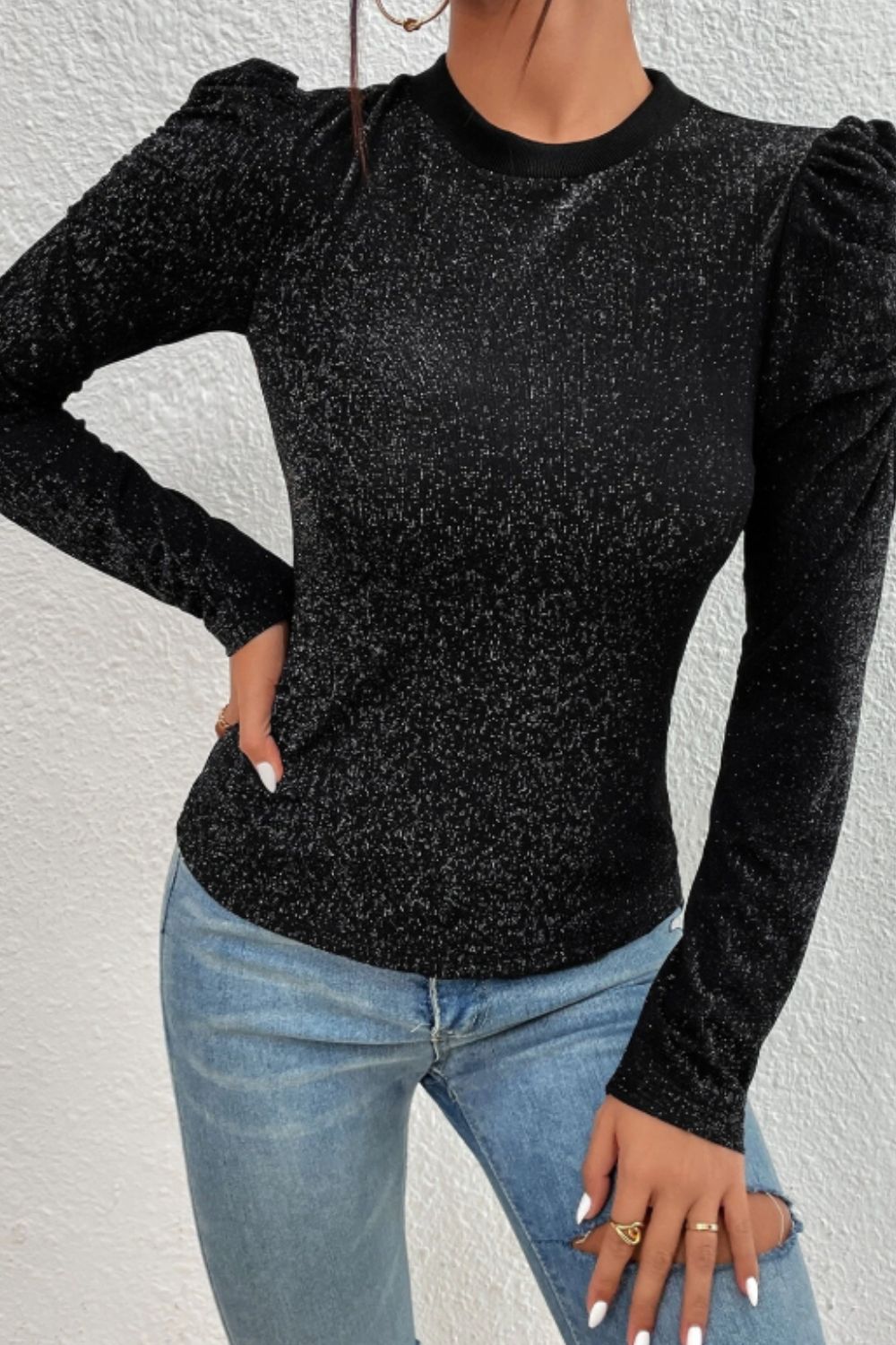 Women’s Metallic Round Neck Puff Sleeve Top
