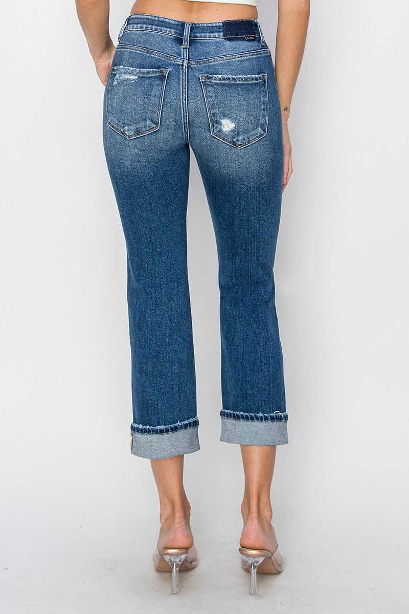 Women's Ankle Cuffed Distressed Straight Leg Jeans