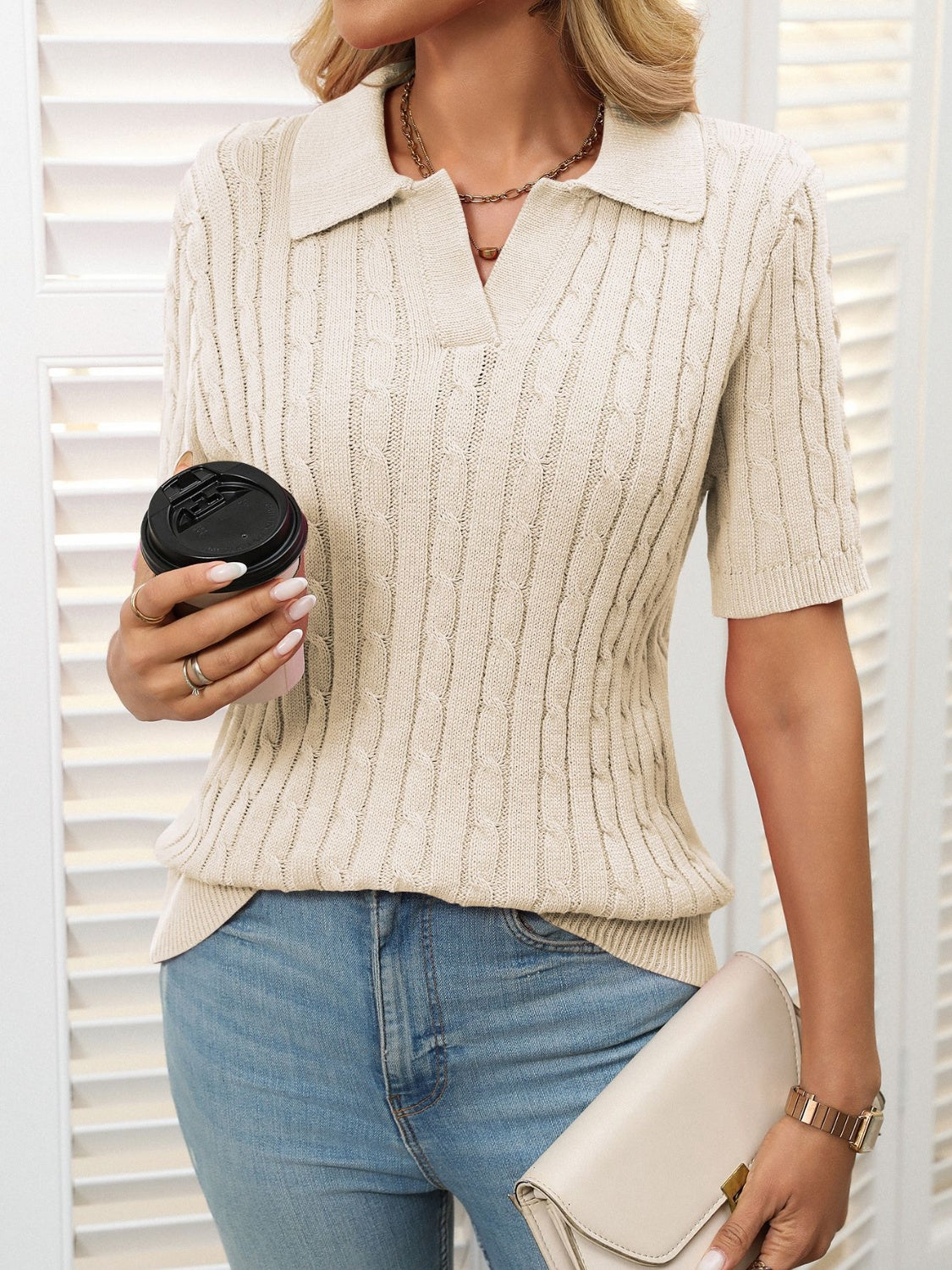 Women’s Cable Knit Johnny Collar Sweater Top