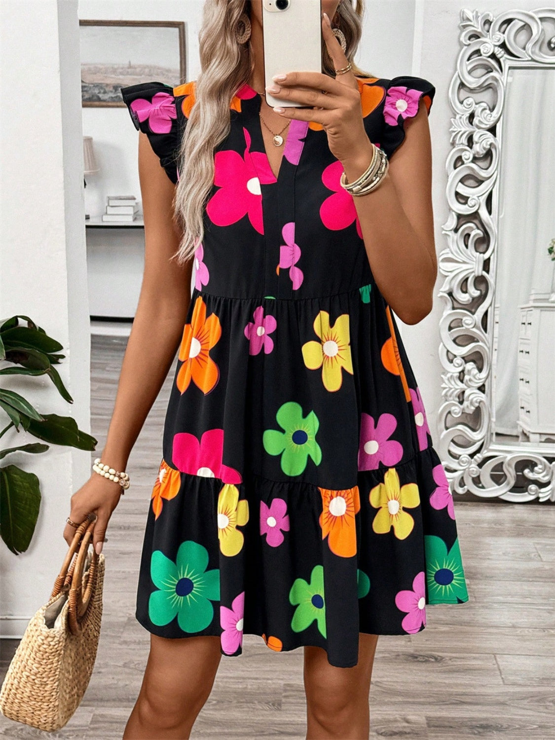 Ruffle Floral Printed Cap Sleeve Dress