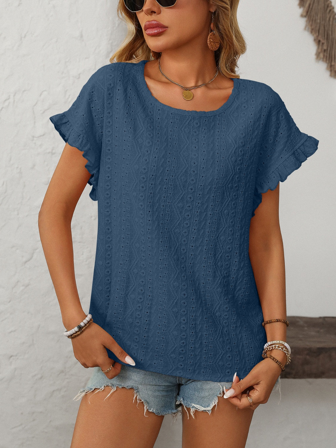 Women's Mandy Eyelet Round Neck Short Sleeve Top