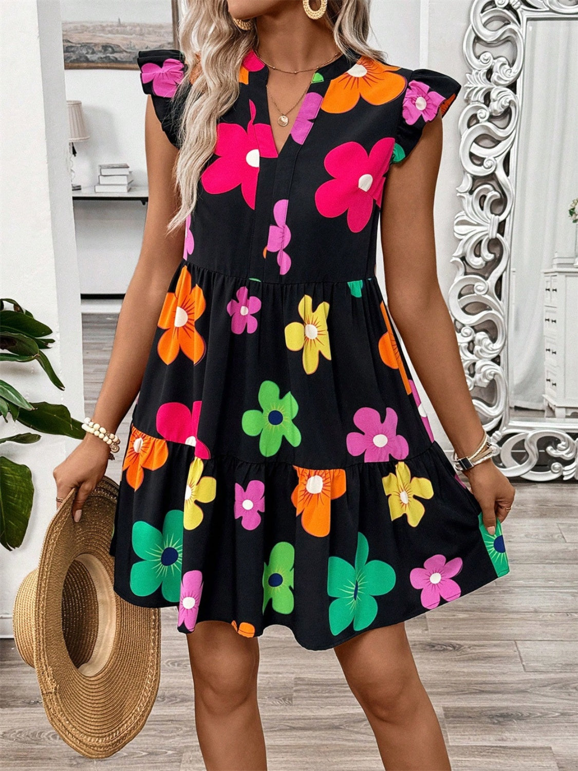 Ruffle Floral Printed Cap Sleeve Dress