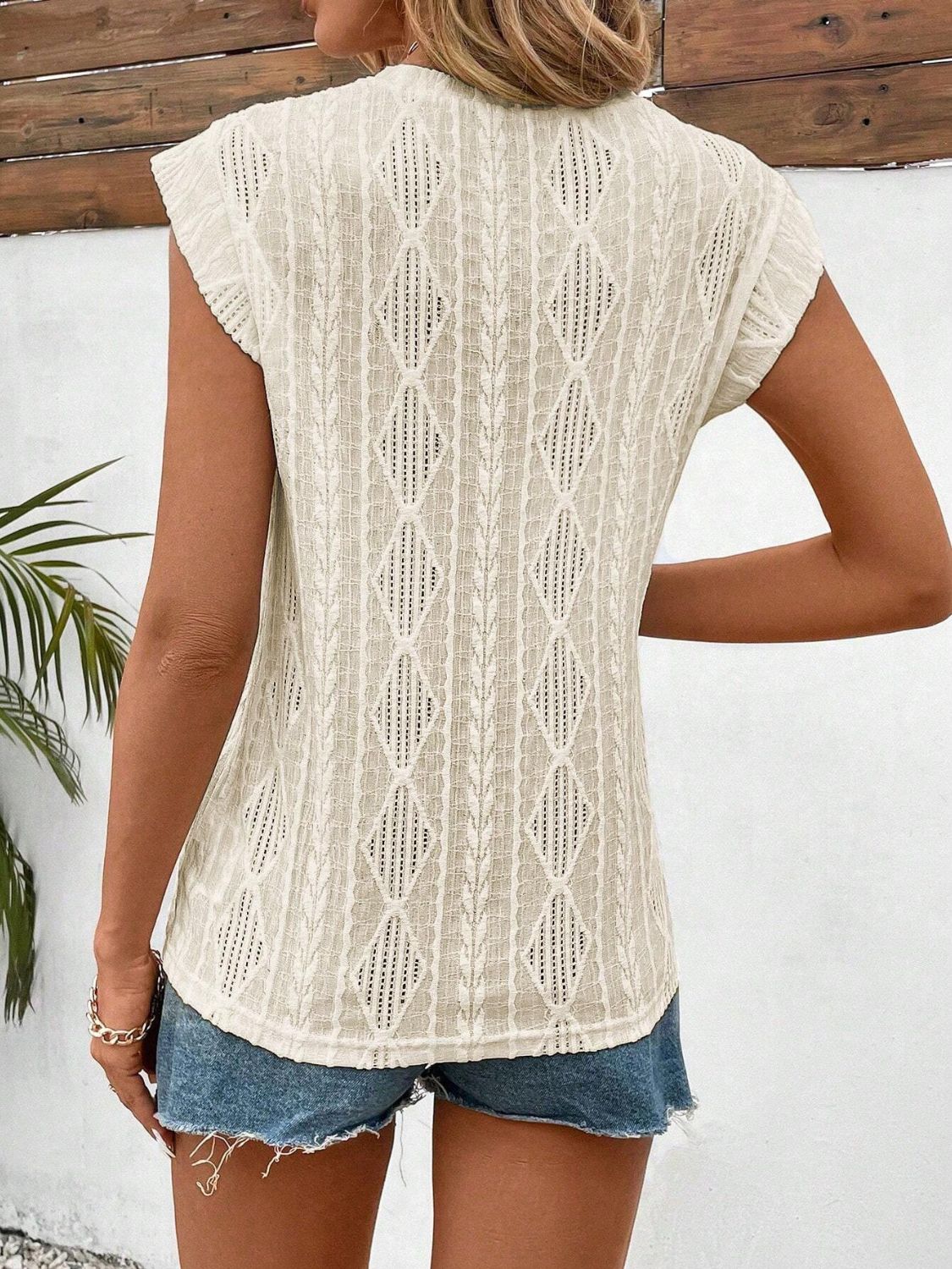 Women's Eyelet Round Neck Cap Sleeve Top