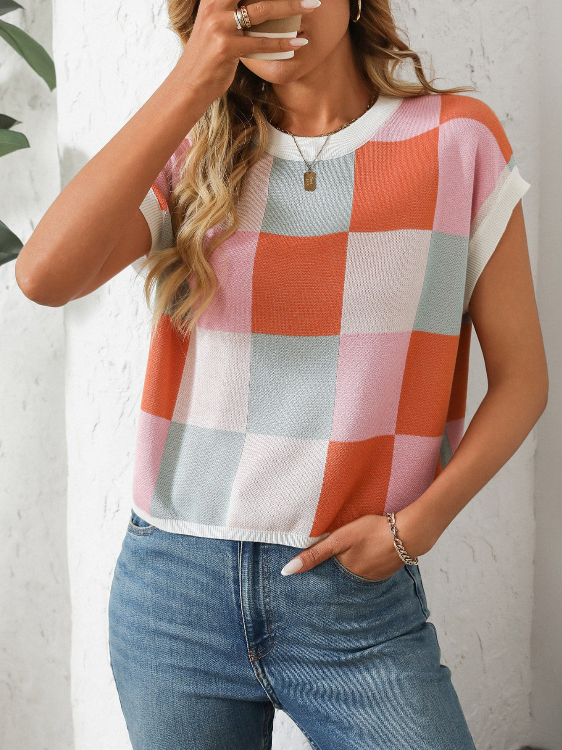 Women's Mandy Checkered Round Neck Top