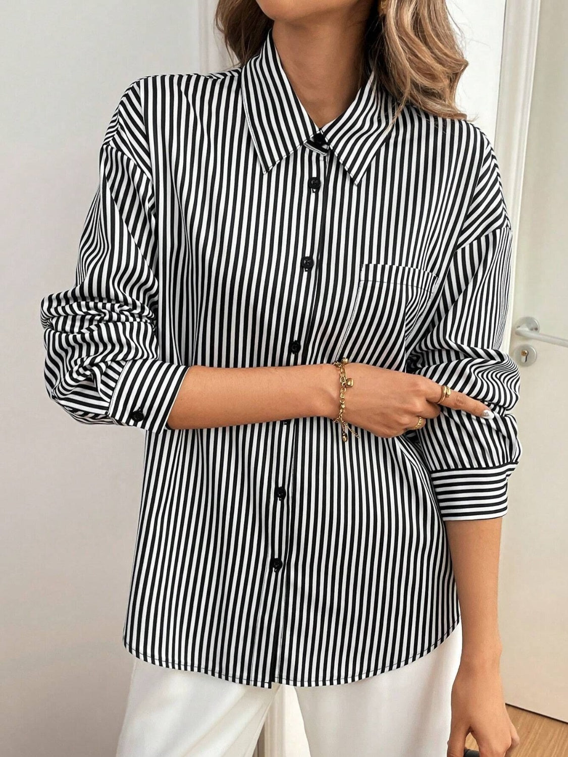 Women's Cutout Bow Back Striped Collared Neck Long Sleeve Top