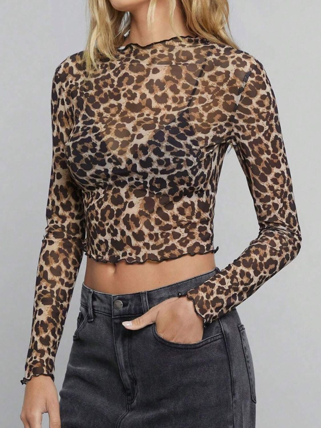 Women's Leopard Mock Neck Long Sleeve Sheer Top