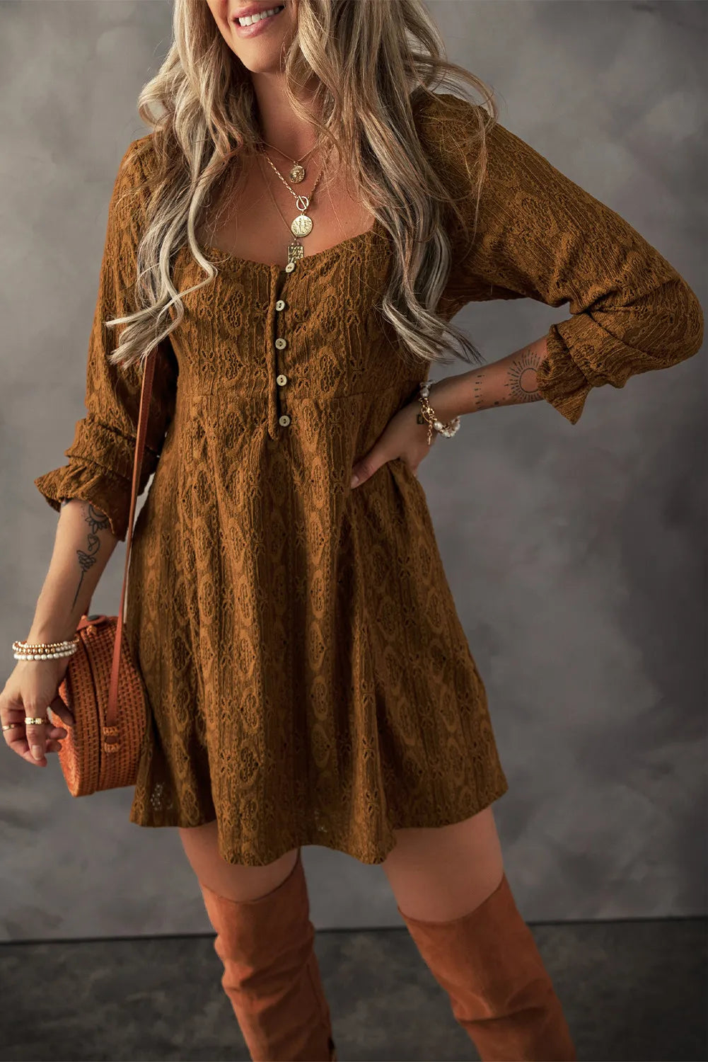 Vintage Textured Square Neck Mini Dress