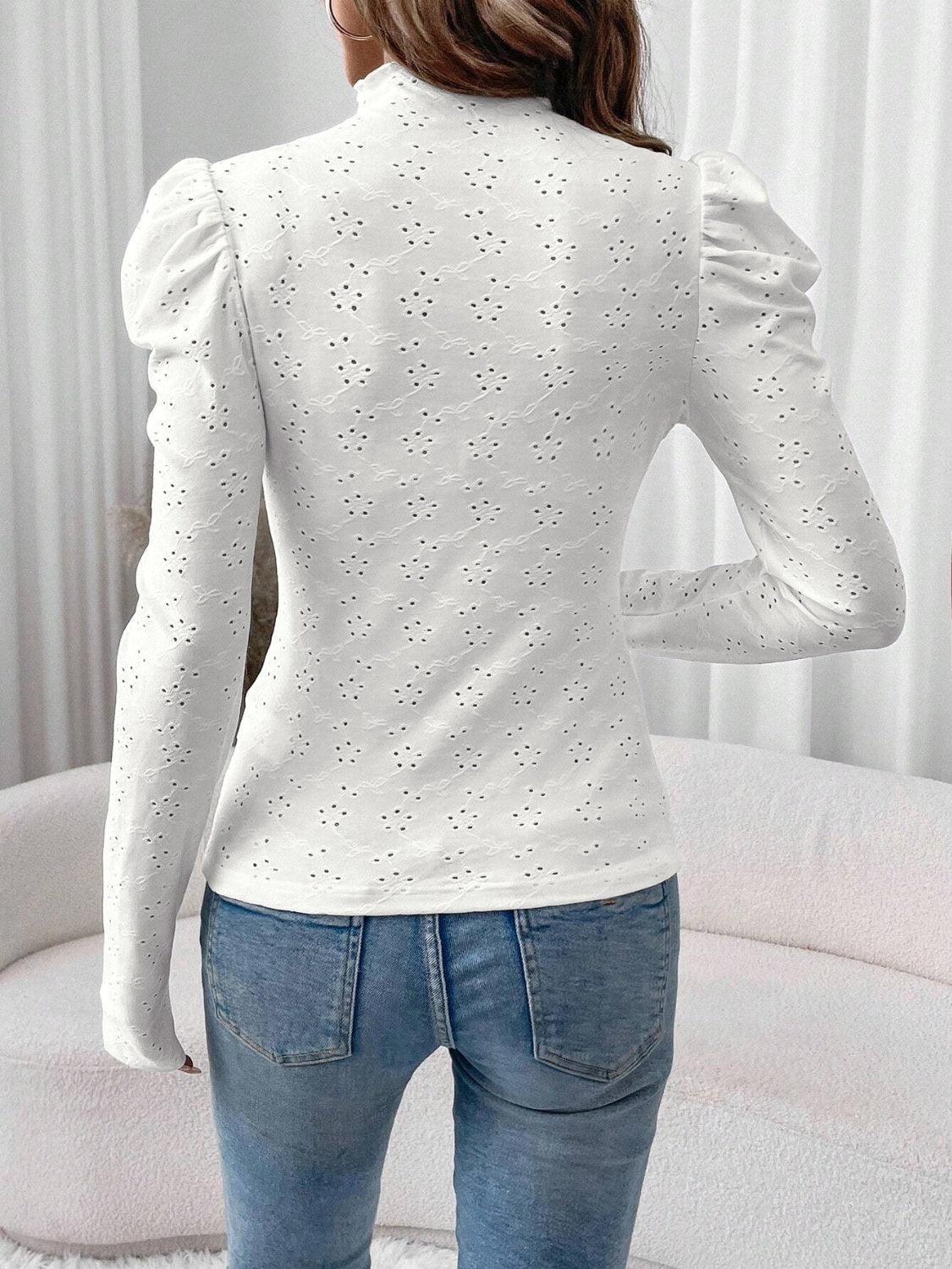 Women's Eyelet Mock Neck Long Sleeve Top