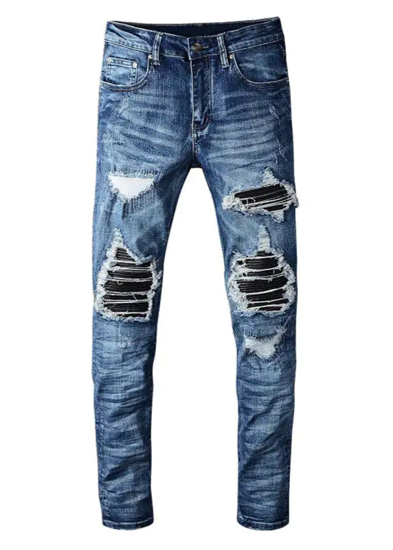 Men's Blue Black Patch Ripped Jeans