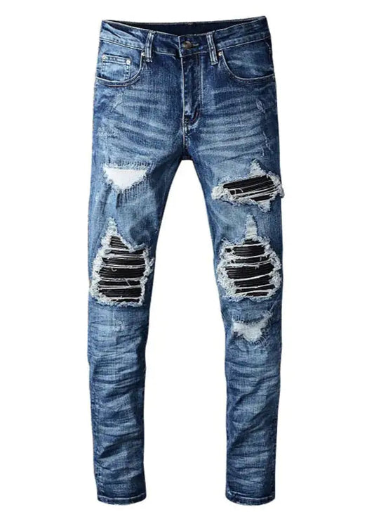 Men's Blue Black Patch Ripped Jeans