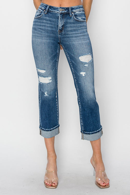 Women's Ankle Cuffed Distressed Straight Leg Jeans