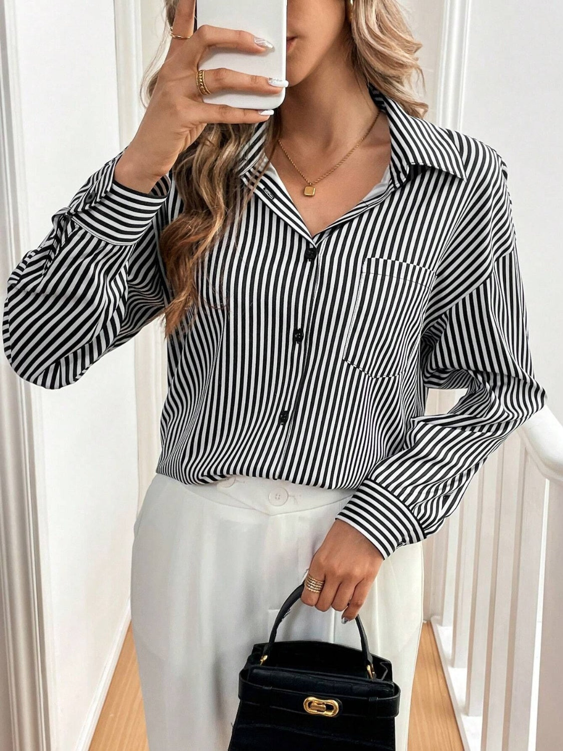 Women's Cutout Bow Back Striped Collared Neck Long Sleeve Top