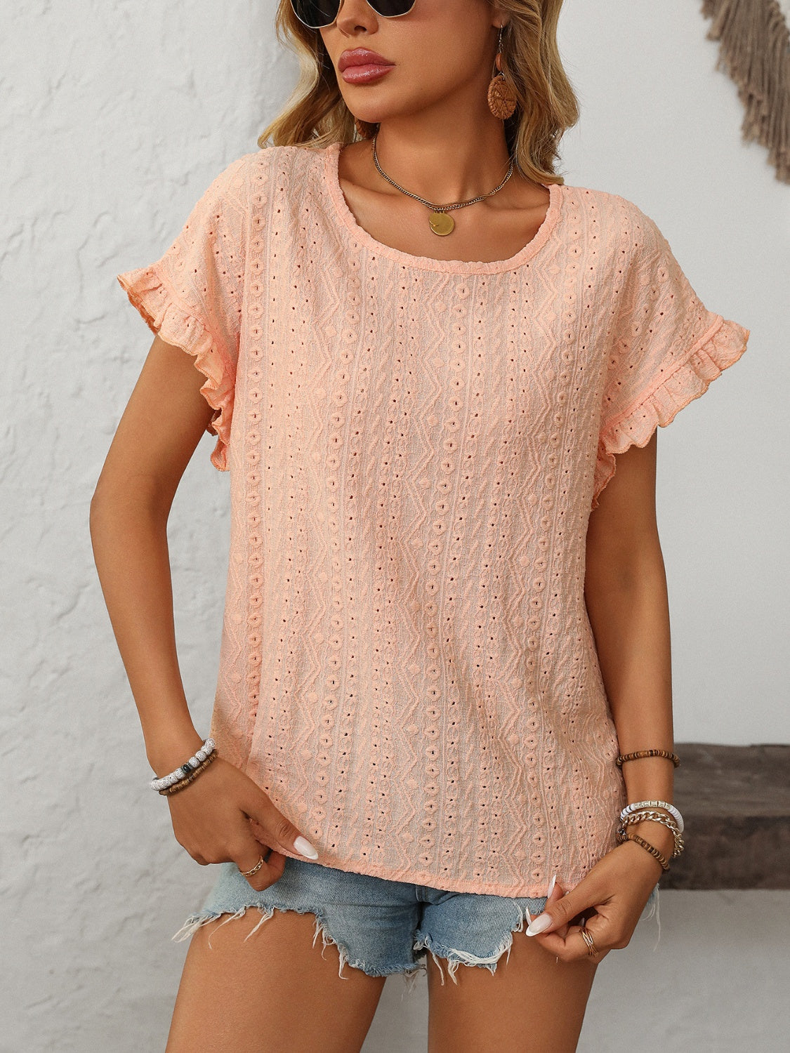 Women's Mandy Eyelet Round Neck Short Sleeve Top