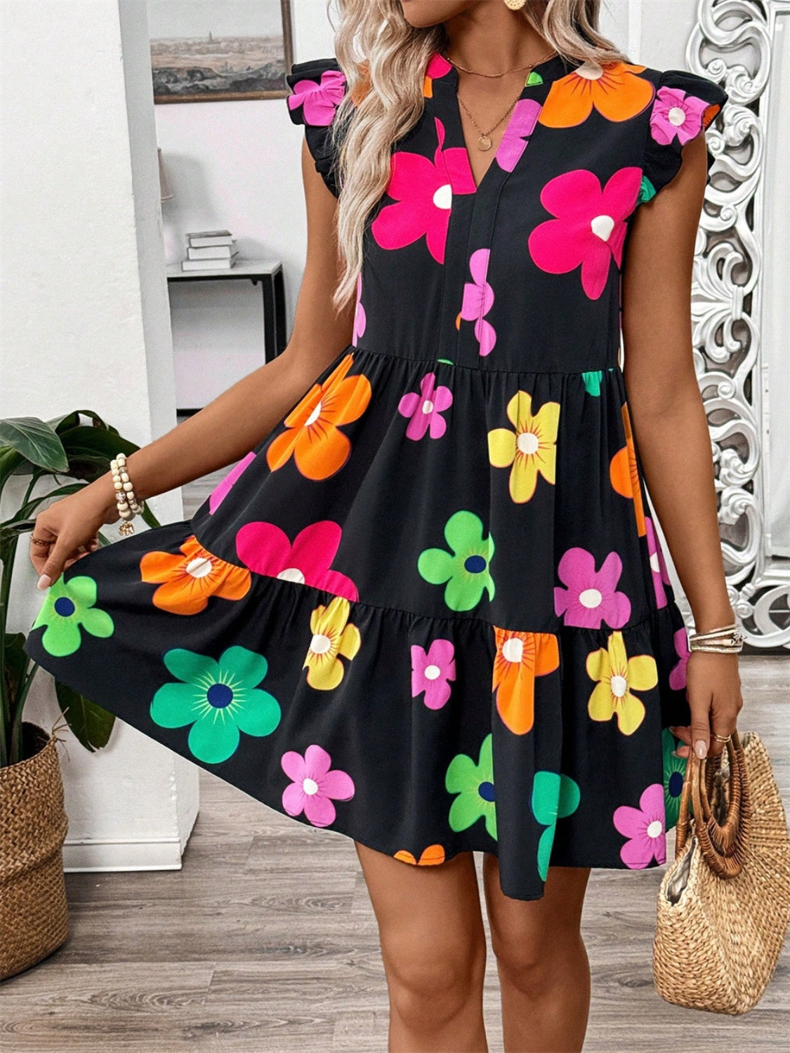 Ruffle Floral Printed Cap Sleeve Dress