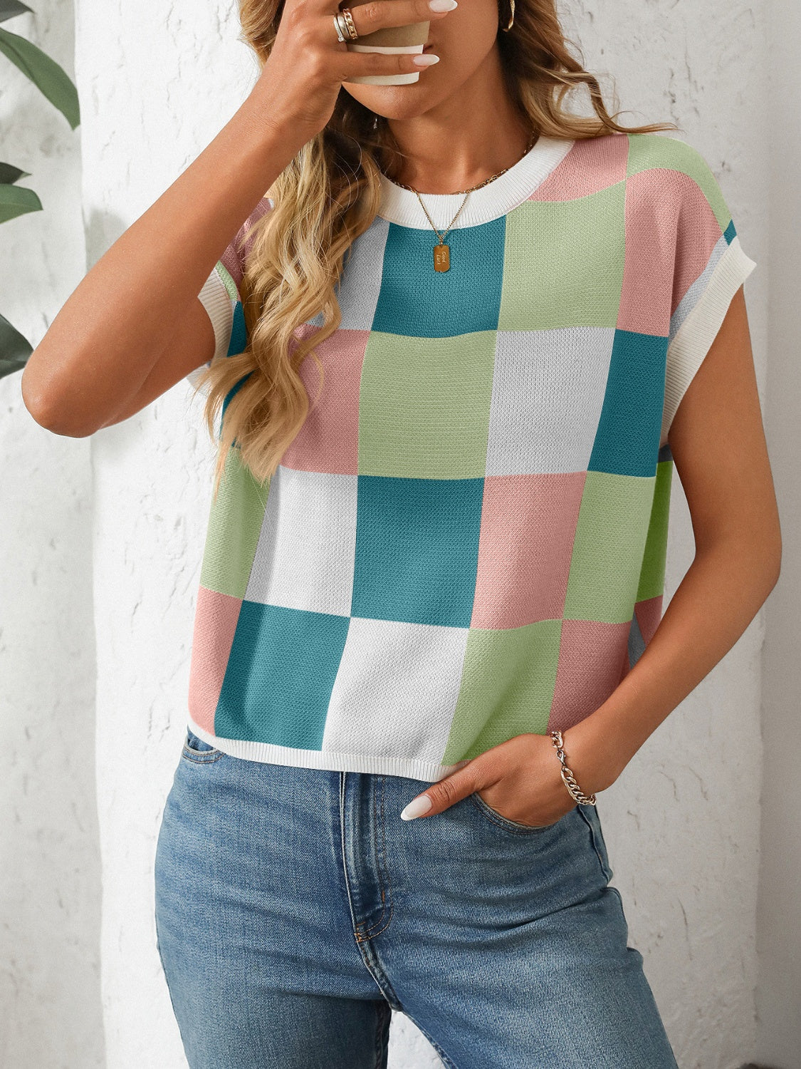 Women's Mandy Checkered Round Neck Top