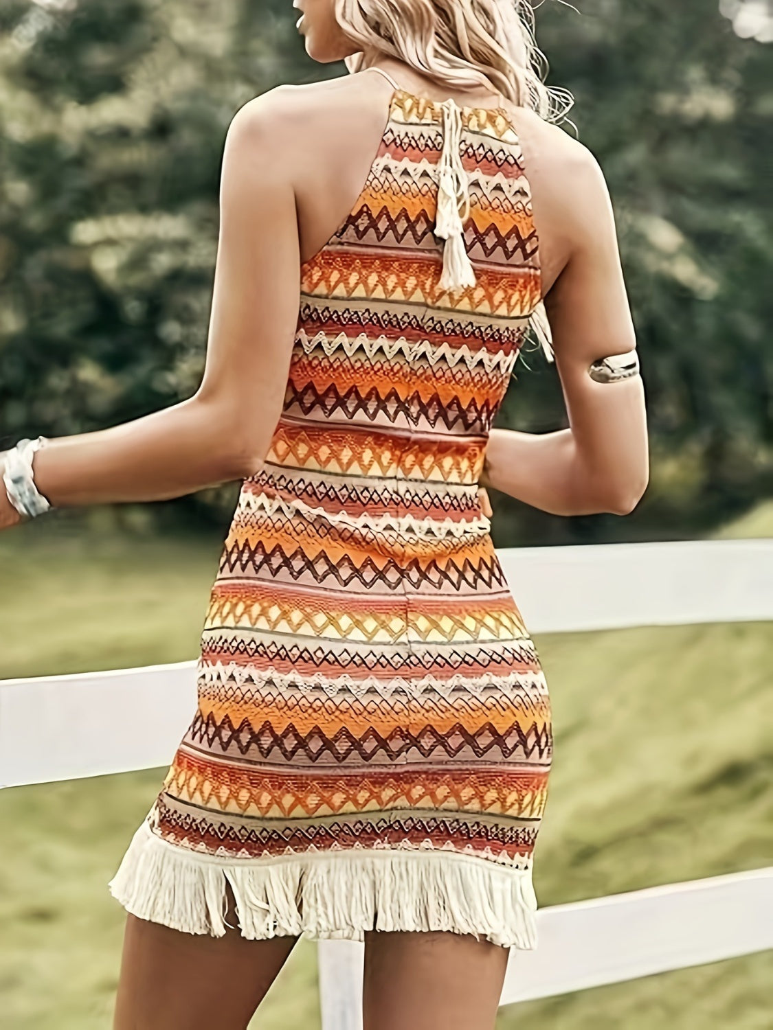 Fringed Grecian Neck Mini Dress