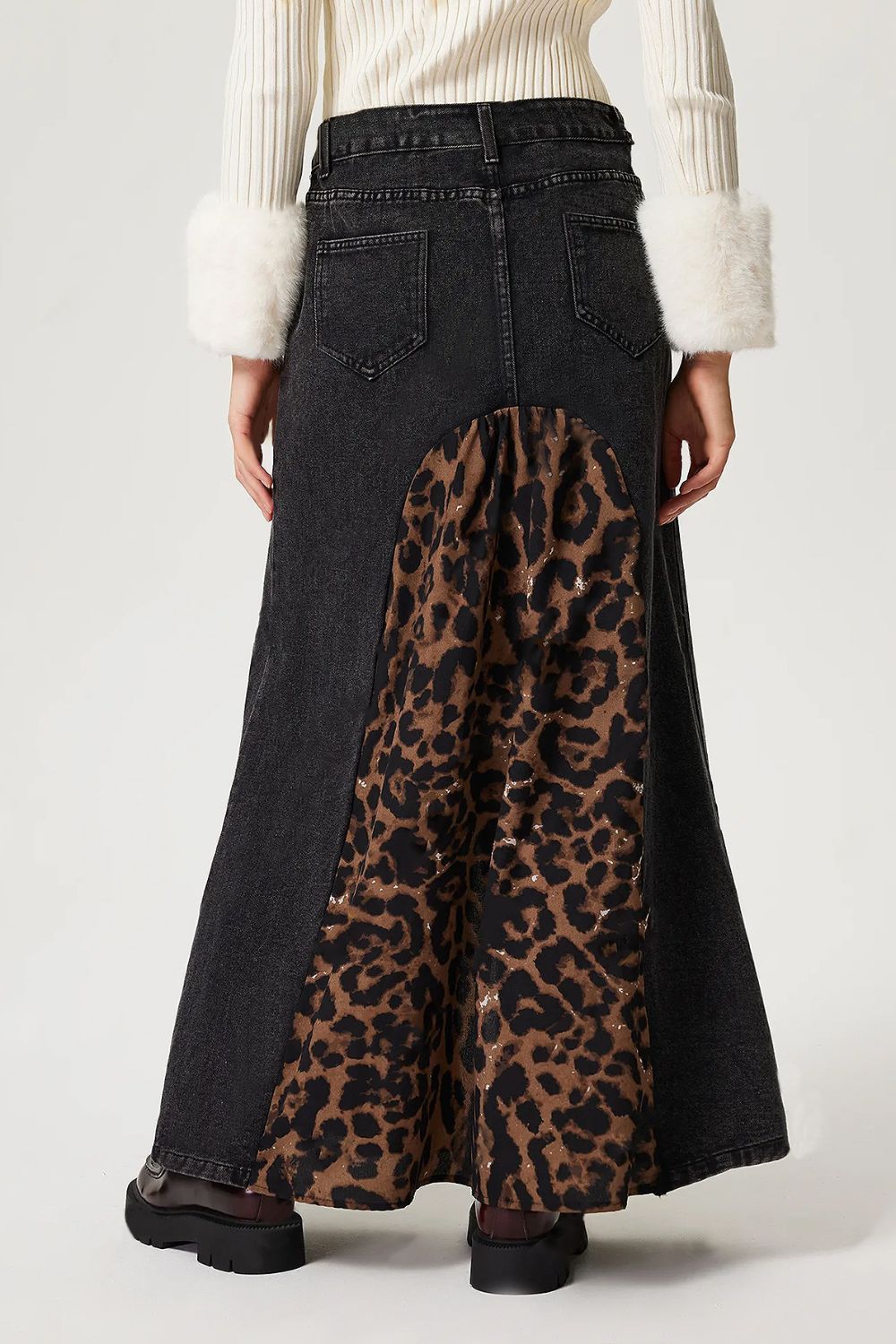 Slit Leopard Long Midi Denim Skirt