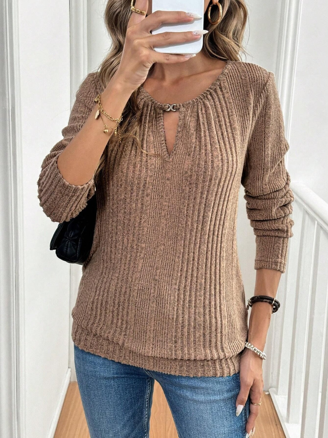 Women's Cutout Round Neck Long Sleeve Top