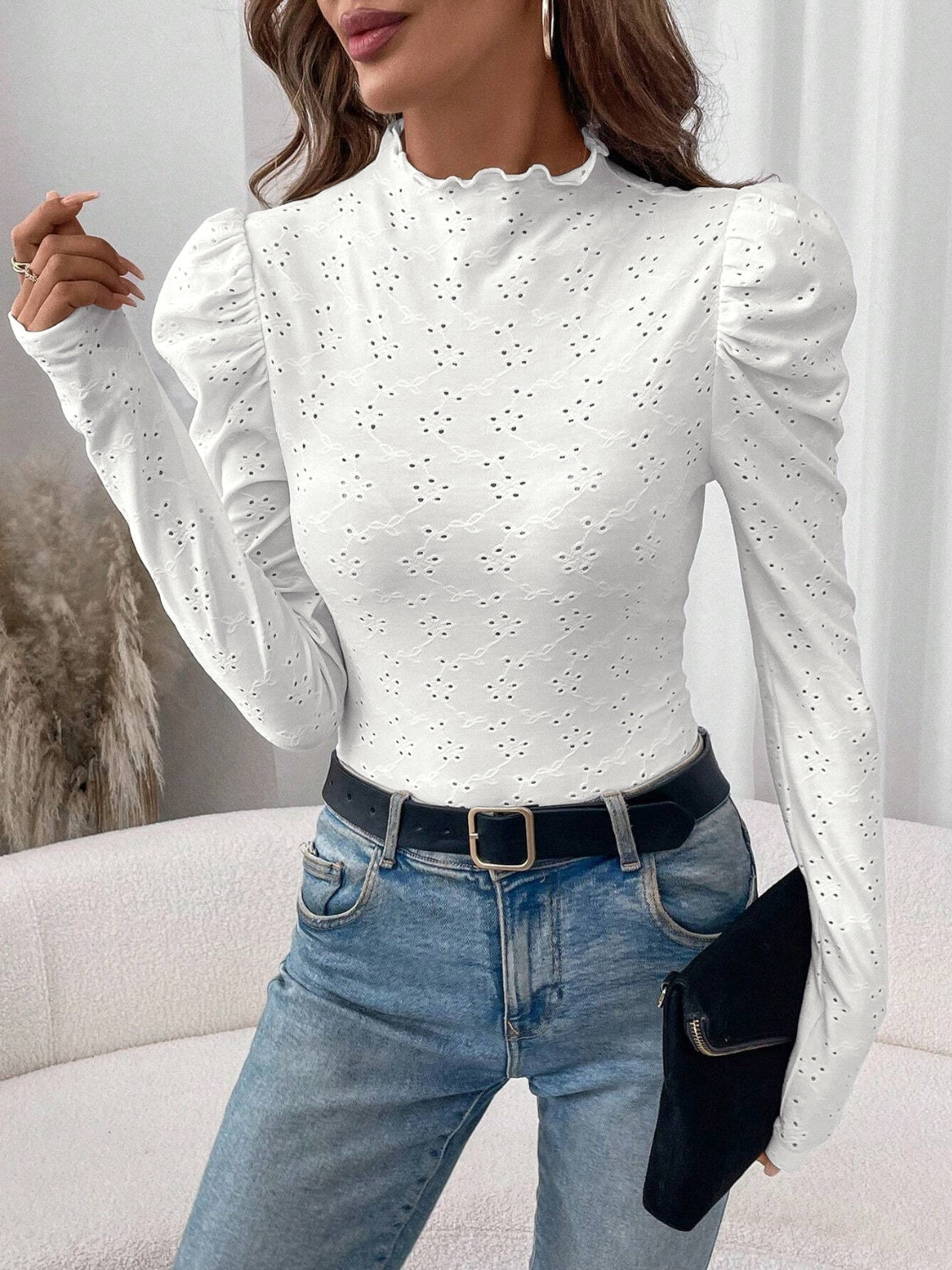 Women's Eyelet Mock Neck Long Sleeve Top