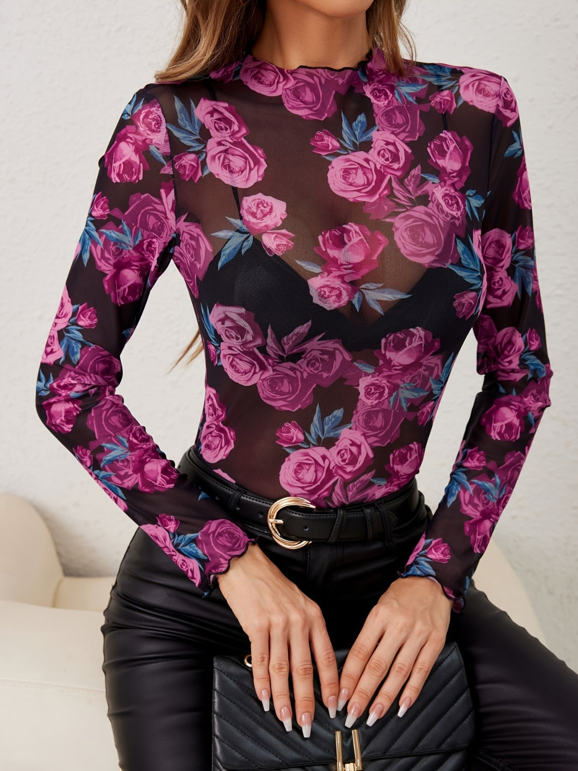 Women's Floral Mock Neck Long Sleeve Top