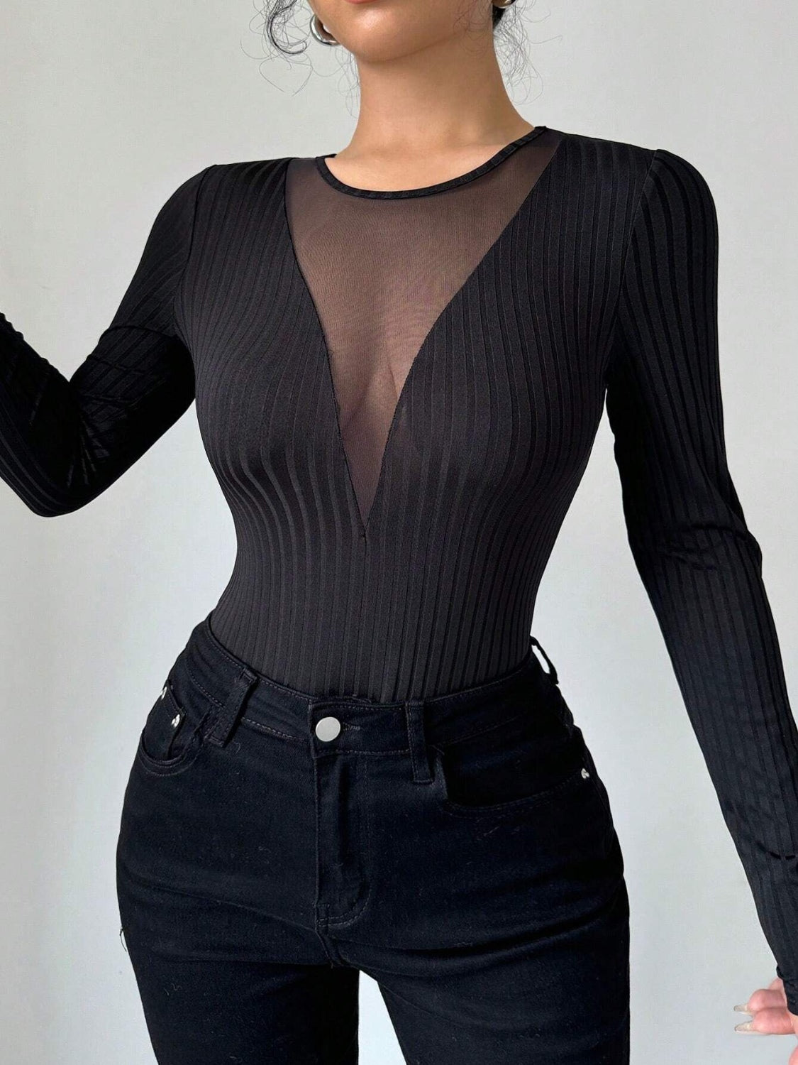 Women's Mesh Round Neck Long Sleeve Top