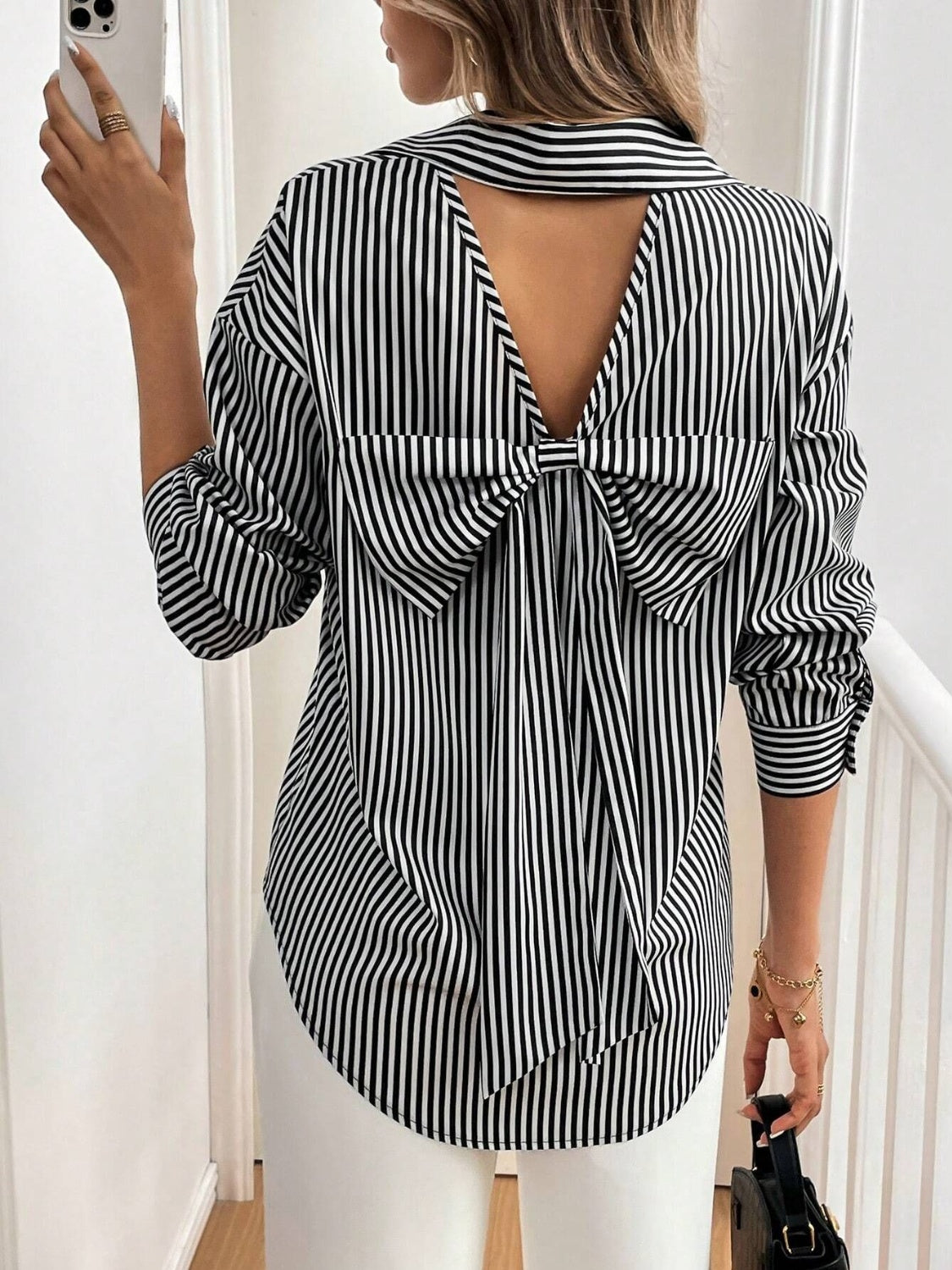 Women's Cutout Bow Back Striped Collared Neck Long Sleeve Top