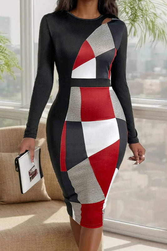 Cutout Color Block Long Sleeve Dress