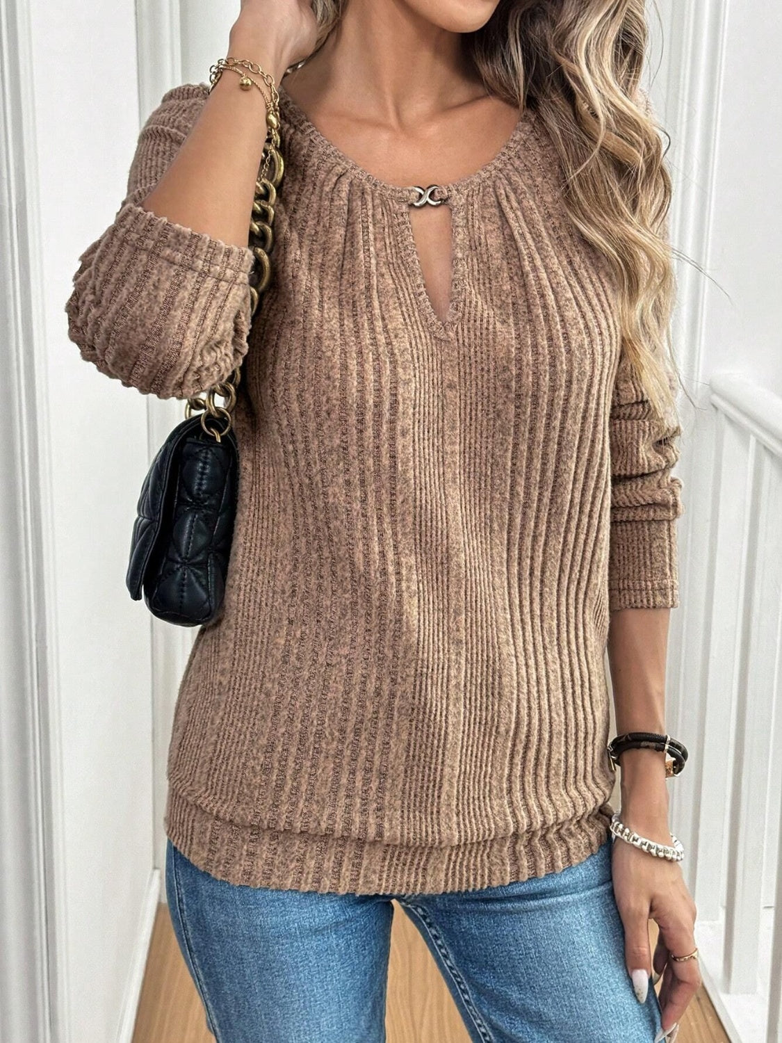 Women's Cutout Round Neck Long Sleeve Top