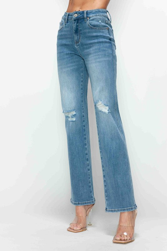 Women's Distressed High Rise Straight Leg Jeans