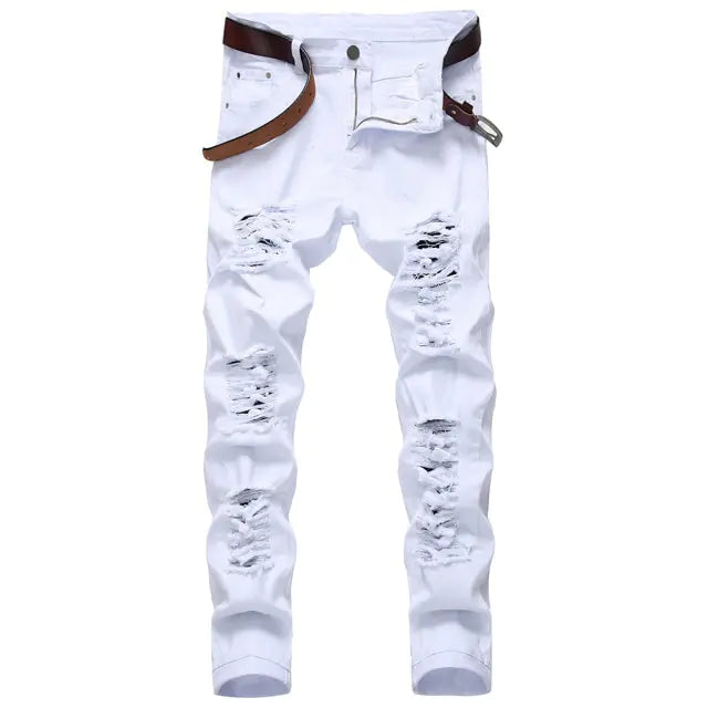 Men's White Distressed Straight Fit Jeans