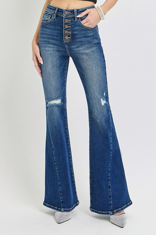 Women's Distressed Button-Fly Flare Jeans