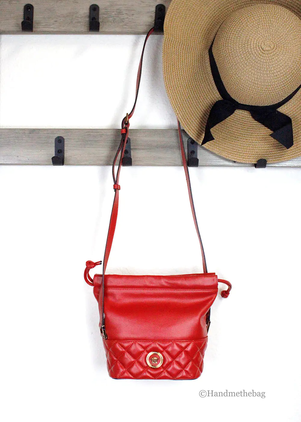 Versace Red Quilted Leather Drawstring Bucket Bag