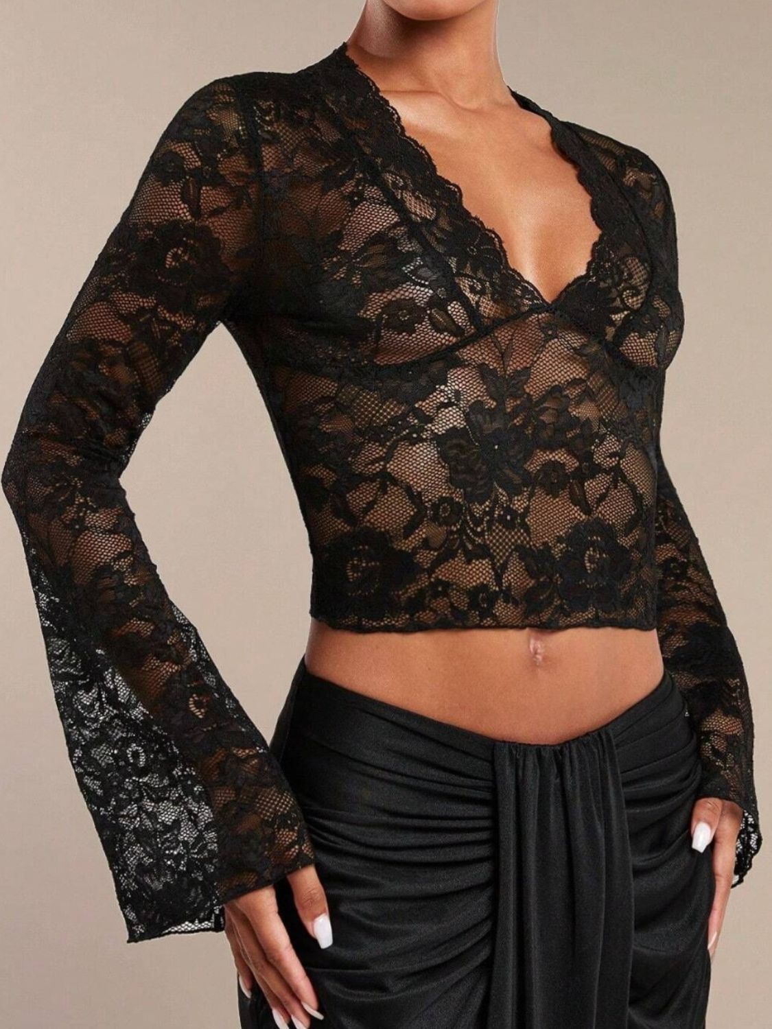 Women's Lace V-Neck Flare Sleeve Top