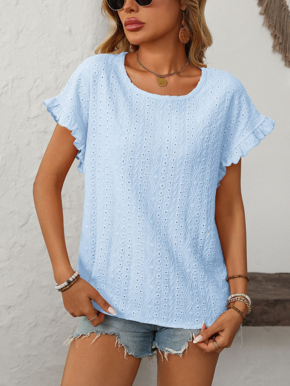 Women's Mandy Eyelet Round Neck Short Sleeve Top