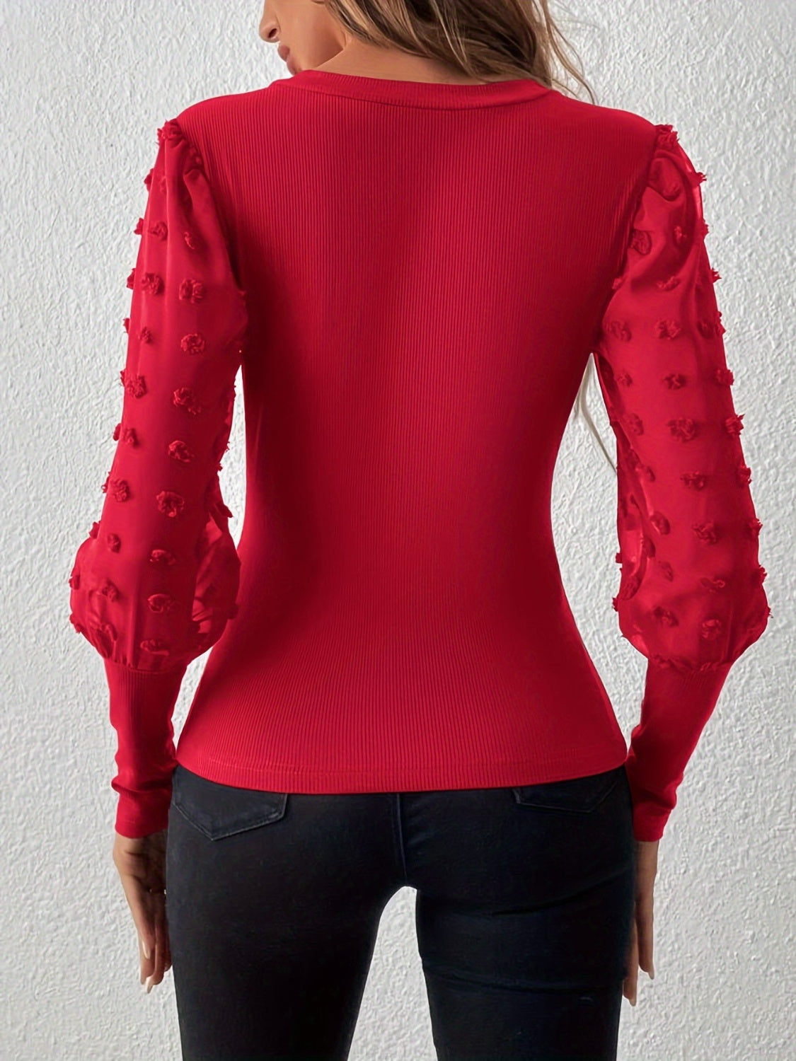 Women's Swiss Dot V-Neck Long Sleeve Top