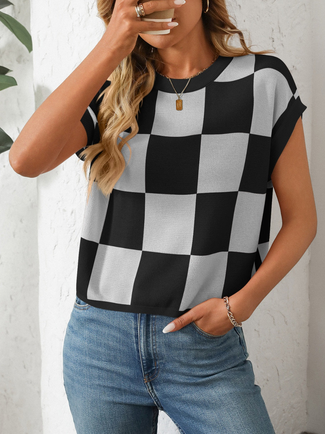 Women's Mandy Checkered Round Neck Top