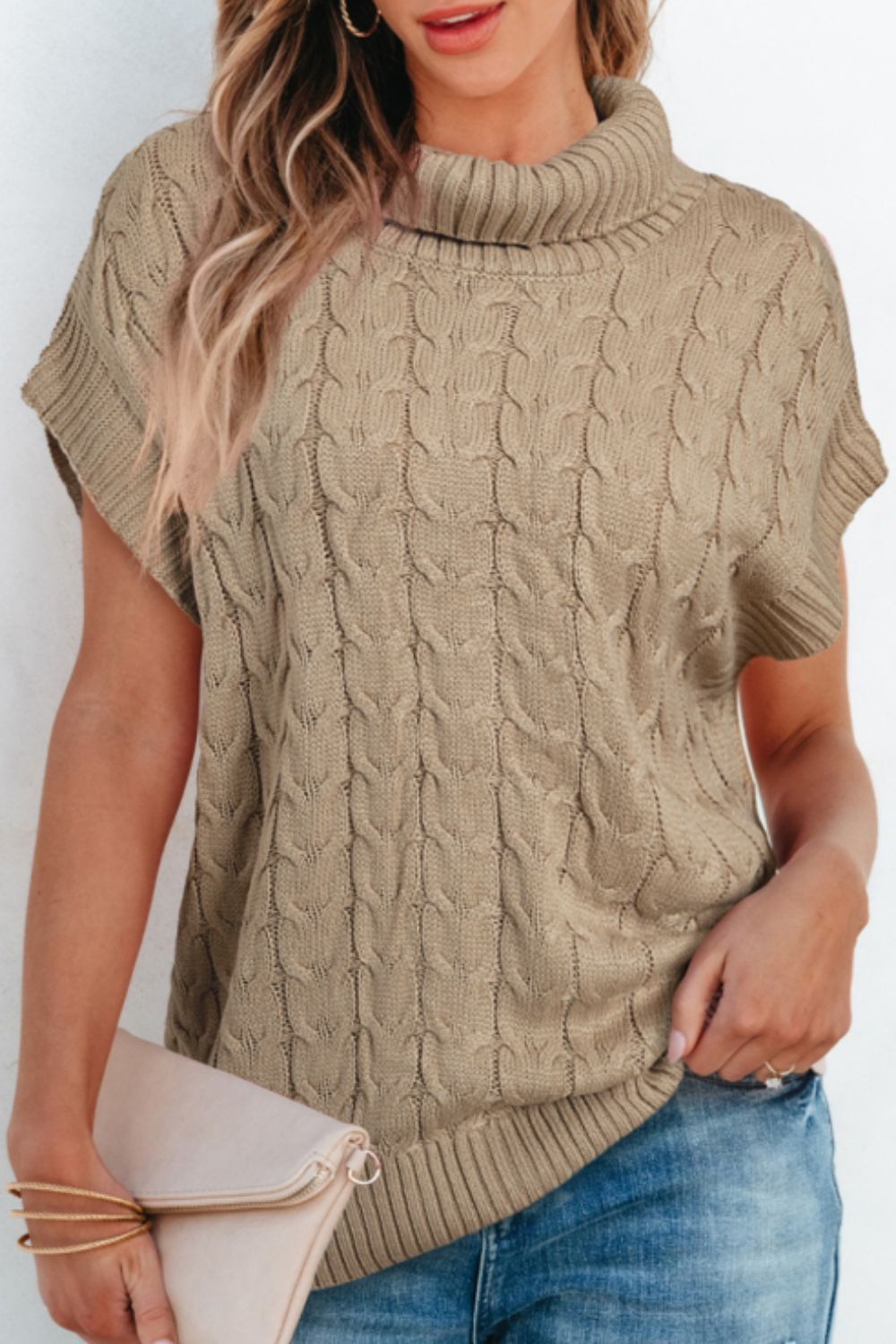 Women's Cable Knit Turtleneck Short Sleeve Top