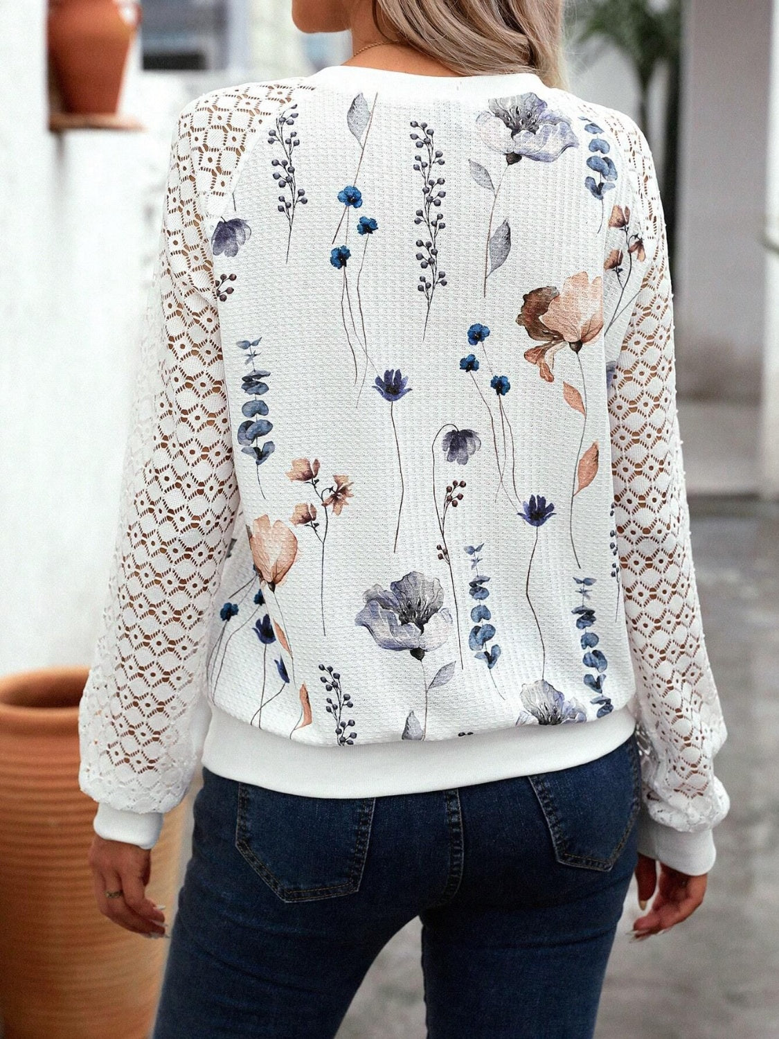 Women's Printed Semi-Sheer Round Neck Sweater Top