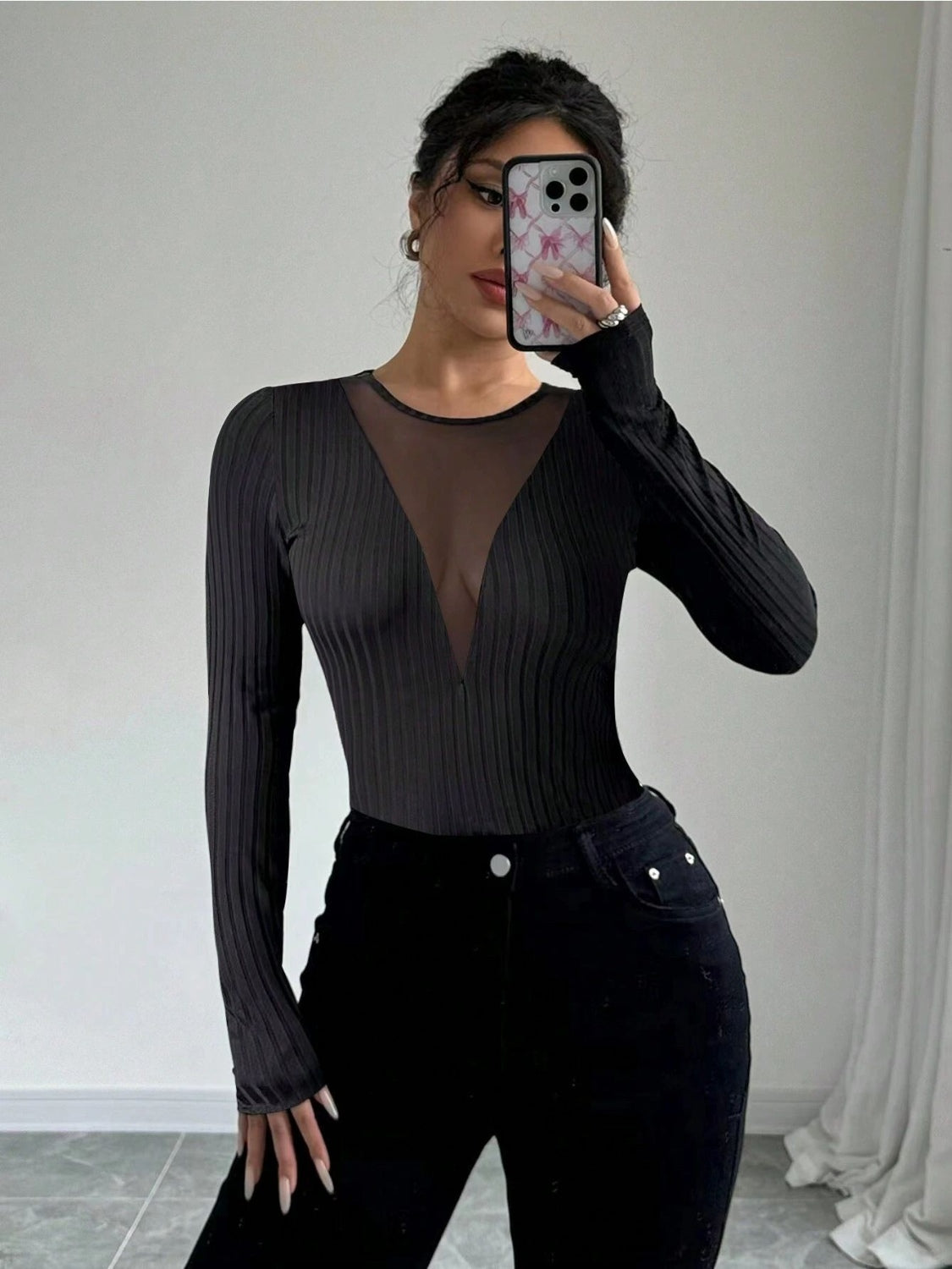 Women's Mesh Round Neck Long Sleeve Top