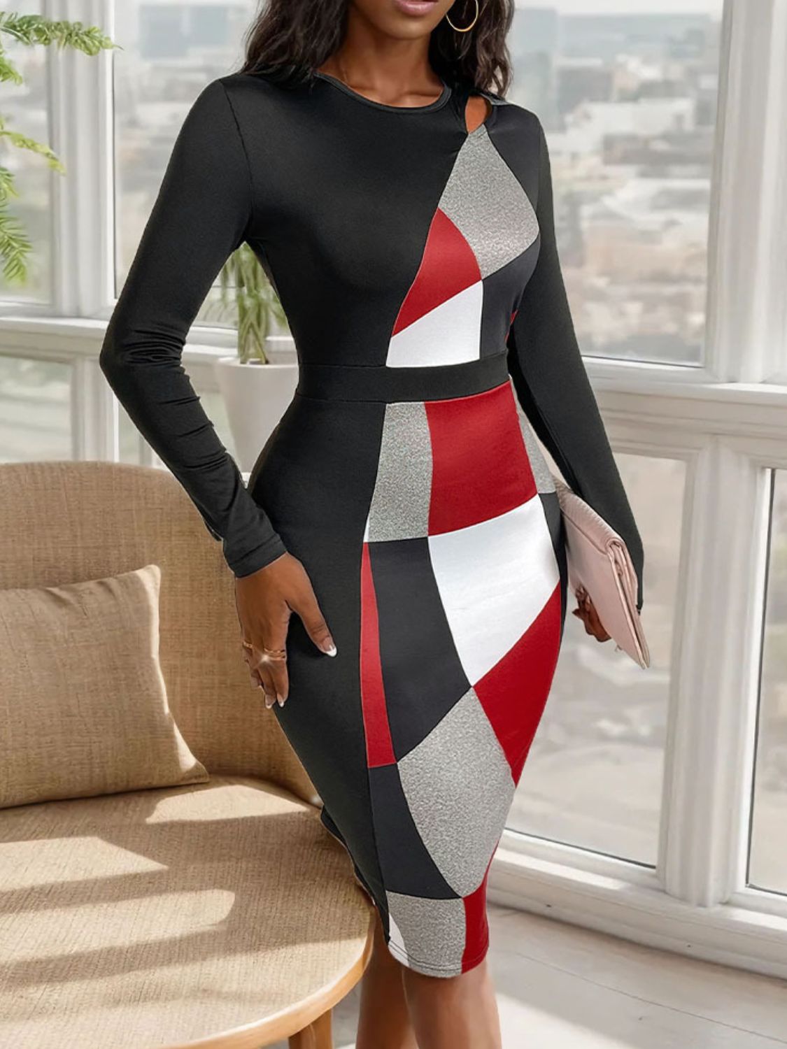 Cutout Color Block Long Sleeve Dress