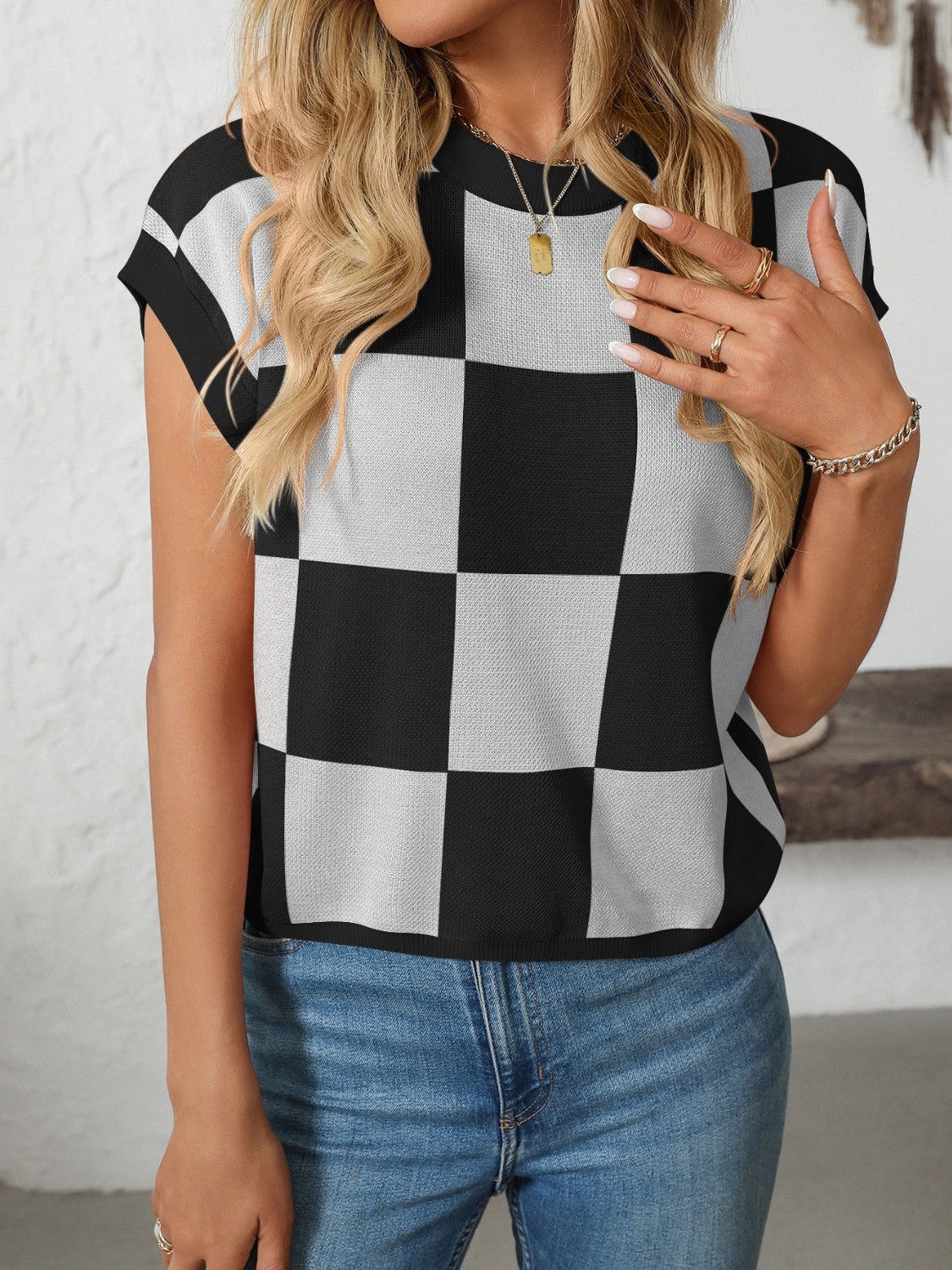 Women's Mandy Checkered Round Neck Top