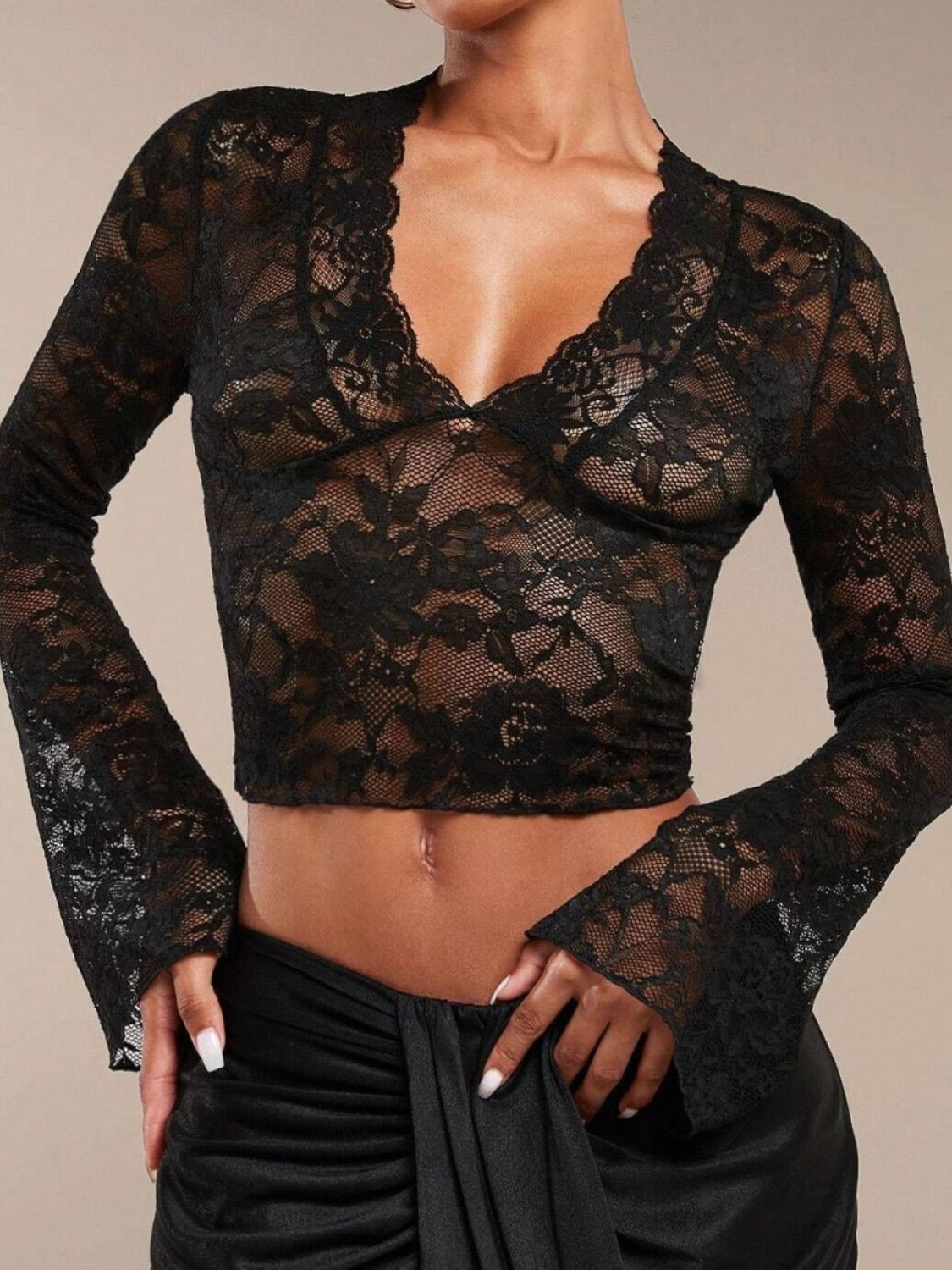 Women's Lace V-Neck Flare Sleeve Top